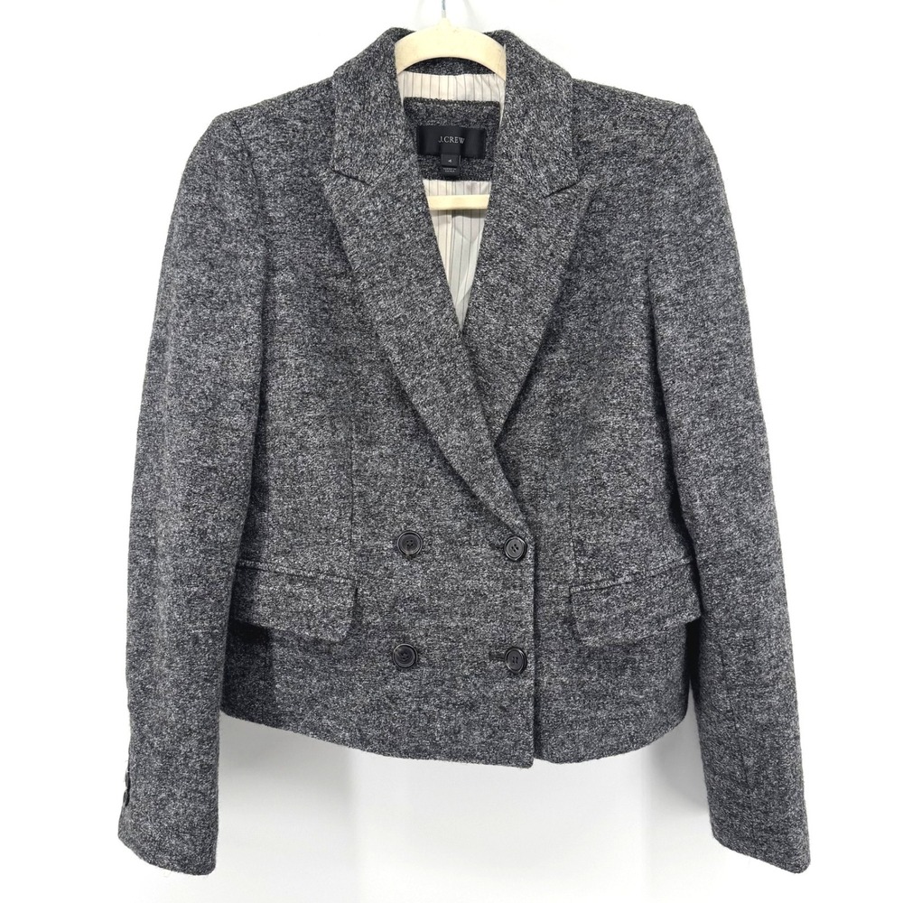 J.Crew Blazer Women 4 Grey Wool Tweed Double Breasted Cropped Corporate Office